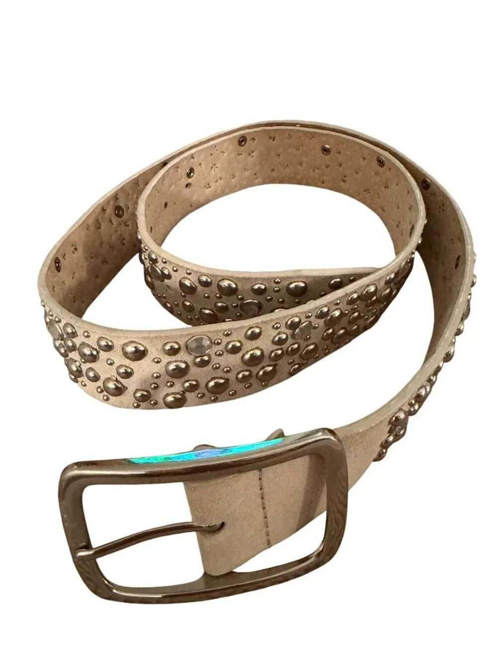 Y2K Womens Silver Suede Studded Belt Size 2XL Cream Leather Western Rodeo Bling